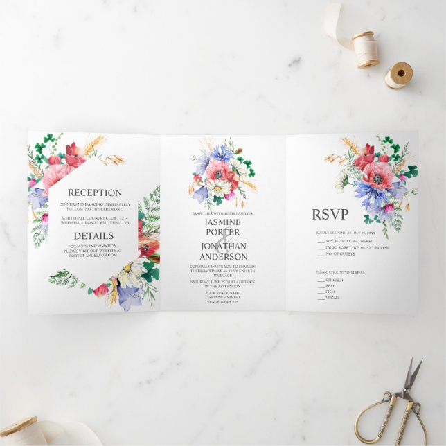 Convite Com Dobra Tripla Casamento de Watercolor Meadow Wildflower | (Dentro)