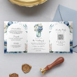 Convite Com Dobra Tripla Casamento do Código QR de Mason Jar, Peony Azul e<br><div class="desc">Surpreenda seus convidados com este elegante tudo em um convite de casamento com lindas flores e tipografia moderna com o Código QR para RSVP on-line. Basta adicionar os detalhes do seu evento neste modelo fácil de usar e adorar este cartão com as suas fotografias favoritas para o tornar um convite...</div>