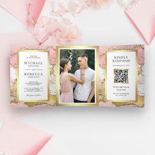 Convite Com Dobra Tripla Casamento do Código QR do Marble de Agato Dourado