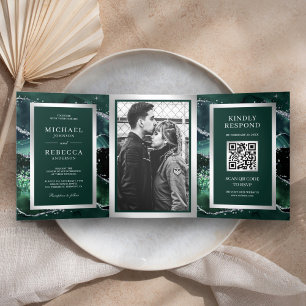 Convite Com Dobra Tripla Casamento do Código QR do Marble do Agate Verde E