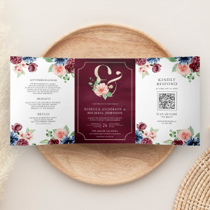 Convite Com Dobra Tripla Casamento do Código QR do Marinho Blush Burgundy F