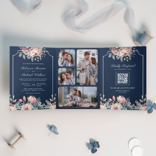 Convite Com Dobra Tripla Casamento do Código QR do Marinho Floral Dusty Blu