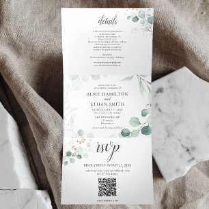 Convite Com Dobra Tripla Casamento do Código QR Elegante Eucalyptus Elegant