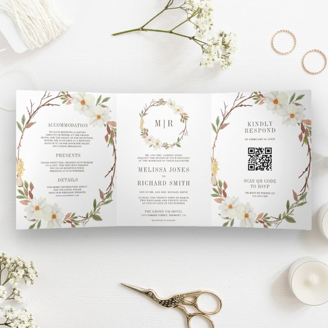 Convite Com Dobra Tripla Casamento do Código QR Floral da Magnolia Branca R (Criador carregado)