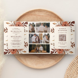 Convite Com Dobra Tripla Casamento do Código QR Floral de Creme e Terracott