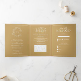 Convite Com Dobra Tripla Casamento do Monograma do Folheto Dourado