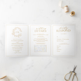 Convite Com Dobra Tripla Casamento do Monograma do Folheto Dourado
