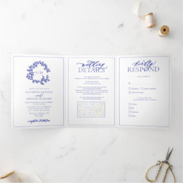 Convite Com Dobra Tripla Casamento do Periwinkle Leafy Crest Monograma