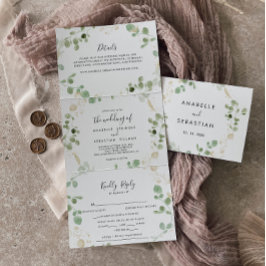 Convite Com Dobra Tripla Casamento Dourado de Confetti Eucalyptus Foliage