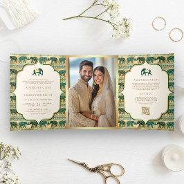 Convite Com Dobra Tripla Casamento Dourado de Elefante Cream Emerald Green