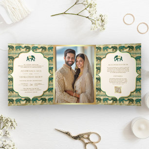 Convite Com Dobra Tripla Casamento Dourado de Elefante Cream Emerald Green