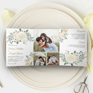 Convite Com Dobra Tripla Casamento Dourado de Ivory Floral Rustic Greenery