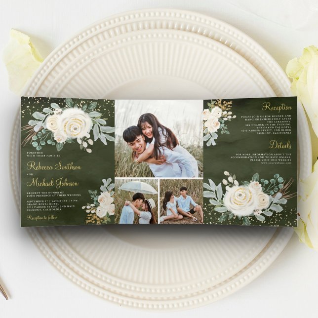Convite Com Dobra Tripla Casamento Dourado de Ivory Floral Sage Rustic Gree (Criador carregado)