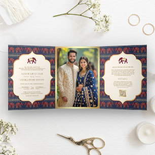 Convite Com Dobra Tripla Casamento Dourado do Elefante Azul-Burgundy