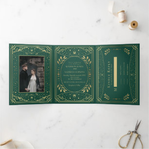 Convite Com Dobra Tripla Casamento Dourado e Emerald Elegante Tarot
