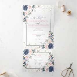 Convite Com Dobra Tripla Casamento Dourado Floral Cor-de-rosa-rosa-claro-az