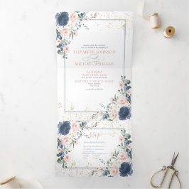 Convite Com Dobra Tripla Casamento Dourado Floral Rosa Rosa-Rosa Azul-Cinze
