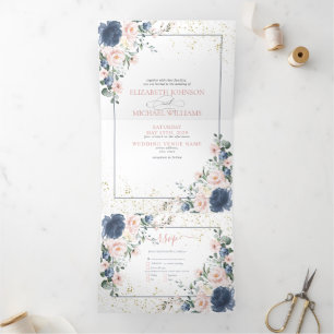 Convite Com Dobra Tripla Casamento Dourado Floral Rosa Rosa-Rosa Azul-Cinze