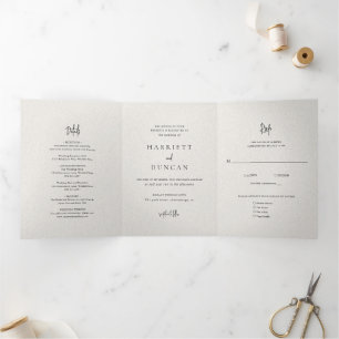 Convite Com Dobra Tripla Casamento Elegante Bege Atemporal