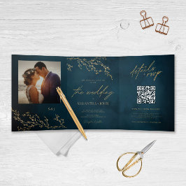 Convite Com Dobra Tripla Casamento Elegante Botânico Azul-marinho e Dourado