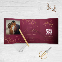 Convite Com Dobra Tripla Casamento Elegante Botânico Dourado e Vermelho Cri