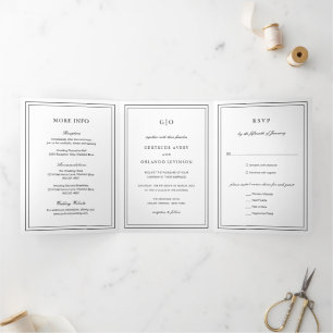 Convite Com Dobra Tripla Casamento Elegante Branco e Negro Clássico