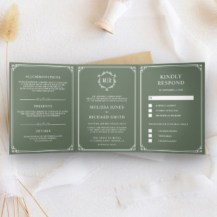 Convite Com Dobra Tripla Casamento Elegante Clássico com Monograma em Verde