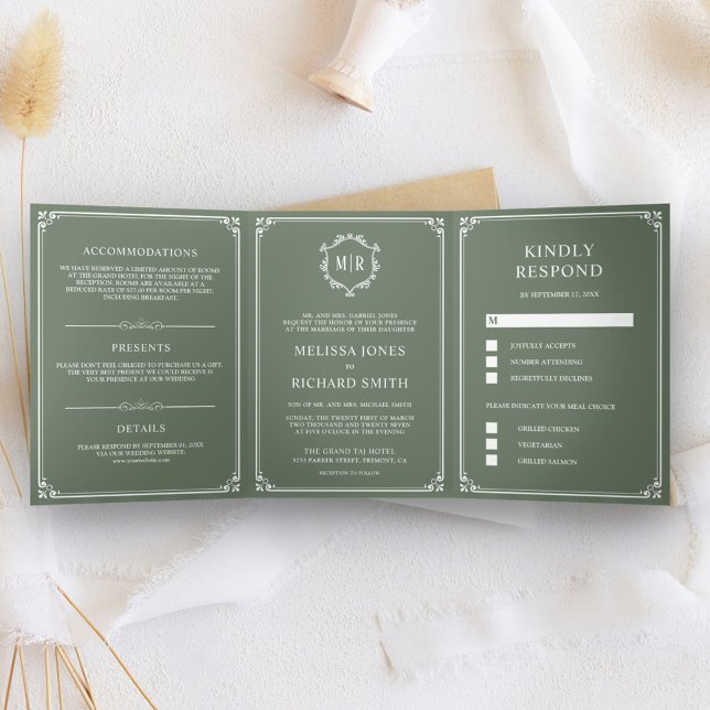 Convite Com Dobra Tripla Casamento Elegante Clássico com Monograma em Verde (Criador carregado)