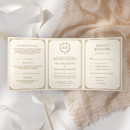 Convite Com Dobra Tripla Casamento Elegante Clássico Creme e Dourado com Mo