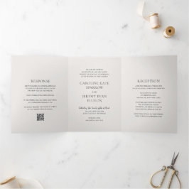 Convite Com Dobra Tripla Casamento Elegante Código QR Neutro e Limpo