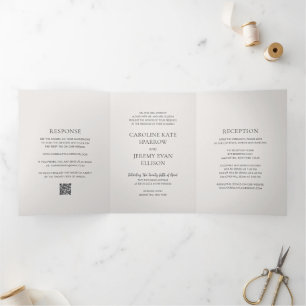 Convite Com Dobra Tripla Casamento Elegante Código QR Neutro e Limpo