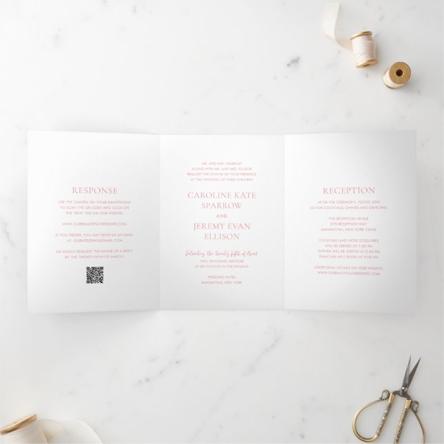 Convite Com Dobra Tripla Casamento Elegante Código QR Rosa Limpo (Dentro)