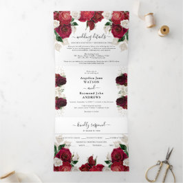 Convite Com Dobra Tripla Casamento Elegante com Burgundy Vermelho e Floral