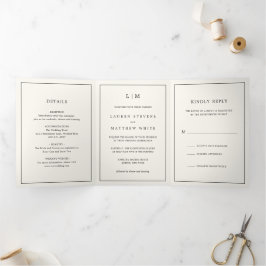 Convite Com Dobra Tripla Casamento Elegante com Monograma Amarelo Manteiga 