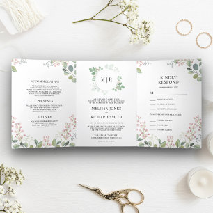Convite Com Dobra Tripla Casamento Elegante com Verde Eucalipto Tudo em Um