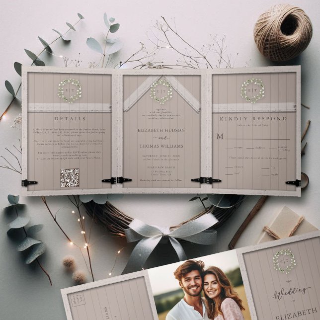 Convite Com Dobra Tripla Casamento Elegante Da Madeira Eucalyptus Crest (rustic barn wedding invitation all in one eucalyptus crest light wood country cottage farm formal)