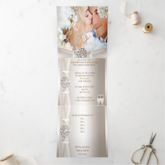 Convite Com Dobra Tripla Casamento Elegante Damask Creme Branco Champanhe 3