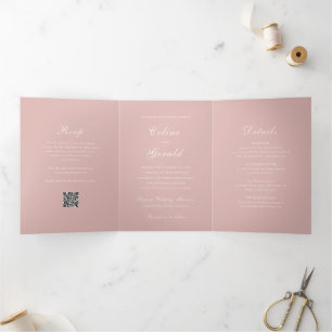 Convite Com Dobra Tripla Casamento elegante de código QR rosa clássico