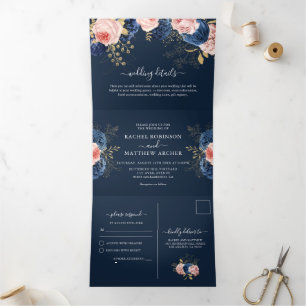 Convite Com Dobra Tripla Casamento Elegante de Florais Rosa e Marinho
