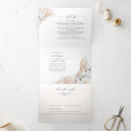 Convite Com Dobra Tripla Casamento Elegante de Flores Brancas e Grama de Pa