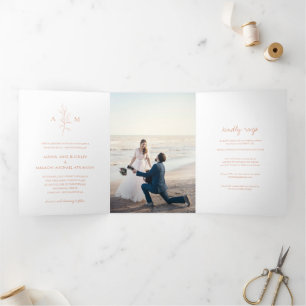 Convite Com Dobra Tripla Casamento Elegante De Foto Botânica De Pêssego Lim