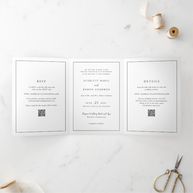 Convite Com Dobra Tripla Casamento Elegante em Preto e Branco com QR Code A (Dentro)
