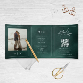 Convite Com Dobra Tripla Casamento Elegante Emerald Verde Monograma e Front