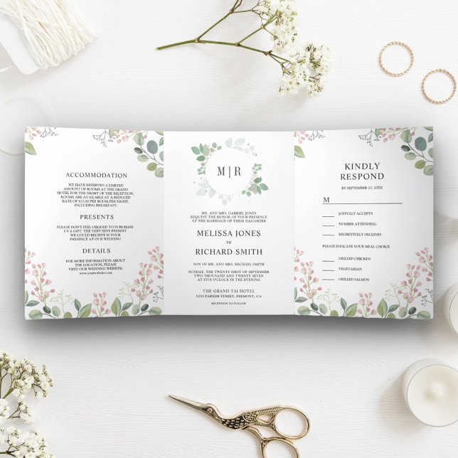 Convite Com Dobra Tripla Casamento Elegante Eucalipto Verde Tudo em Um (Criador carregado)