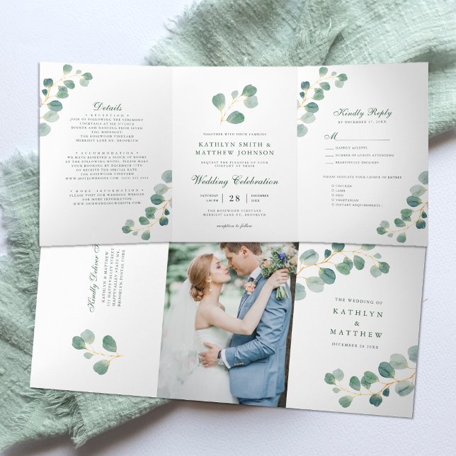 Convite Com Dobra Tripla Casamento Elegante Eucalyptus Greenery Watercolor (Criador carregado)