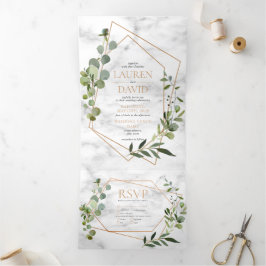 Convite Com Dobra Tripla Casamento Elegante Eucalyptus Marble Geométrico de