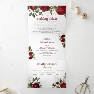 Convite Com Dobra Tripla Casamento Elegante Floral Branco e Chic Burgundy