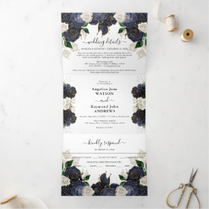 Convite Com Dobra Tripla Casamento Elegante Floral Branco e marinho