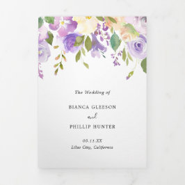 Convite Com Dobra Tripla Casamento Elegante Floral de Lilac Watercolor