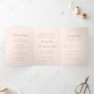 Convite Com Dobra Tripla Casamento Elegante Formal Cor-de-Rosa Escamudo Tra